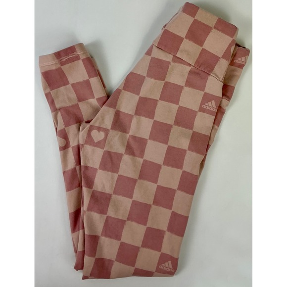 Adidas Checkerboard Leggings Heart Print Athleisure Cute Athflow S - Picture 1 of 8
